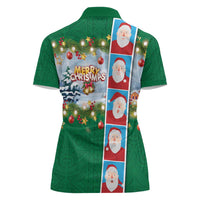 Merry Christmas Women Polo Shirt Funny Santa Claus Cards Photo and Polynesian Pattern Green Color