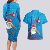 Hawaiian Santa Claus Snorkeling Couples Matching Long Sleeve Bodycon Dress and Hawaiian Shirt Kakau and Polynesian Pattern LT03 - Polynesian Pride