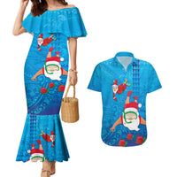 Hawaiian Santa Claus Snorkeling Couples Matching Mermaid Dress and Hawaiian Shirt Kakau and Polynesian Pattern LT03 Blue - Polynesian Pride