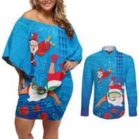 Hawaiian Santa Claus Snorkeling Couples Matching Off Shoulder Short Dress and Long Sleeve Button Shirt Kakau and Polynesian Pattern LT03 Blue - Polynesian Pride