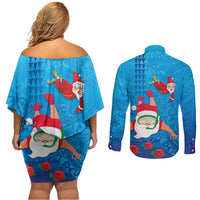 Hawaiian Santa Claus Snorkeling Couples Matching Off Shoulder Short Dress and Long Sleeve Button Shirt Kakau and Polynesian Pattern LT03 - Polynesian Pride