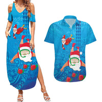 Hawaiian Santa Claus Snorkeling Couples Matching Summer Maxi Dress and Hawaiian Shirt Kakau and Polynesian Pattern LT03 Blue - Polynesian Pride