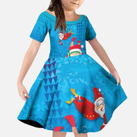 Hawaiian Santa Claus Snorkeling Family Matching Off The Shoulder Long Sleeve Dress and Hawaiian Shirt Kakau and Polynesian Pattern LT03 Daughter's Dress Blue - Polynesian Pride