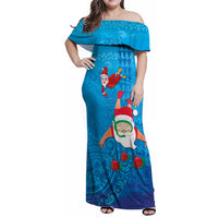 Hawaiian Santa Claus Snorkeling Family Matching Off Shoulder Maxi Dress and Hawaiian Shirt Kakau and Polynesian Pattern LT03 Mom's Dress Blue - Polynesian Pride