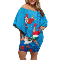 Hawaiian Santa Claus Snorkeling Family Matching Off Shoulder Short Dress and Hawaiian Shirt Kakau and Polynesian Pattern LT03 Mom's Dress Blue - Polynesian Pride