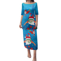 Hawaiian Santa Claus Snorkeling Family Matching Puletasi and Hawaiian Shirt Kakau and Polynesian Pattern LT03 Mom's Dress Blue - Polynesian Pride