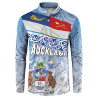 New Zealand Auckland Button Sweatshirt Auckland's Flag and Coat of Arms - Koru Art Maori Pattern LT03 Light Blue - Polynesian Pride
