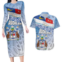 New Zealand Auckland Couples Matching Long Sleeve Bodycon Dress and Hawaiian Shirt Auckland's Flag and Coat of Arms - Koru Art Maori Pattern LT03 Light Blue - Polynesian Pride