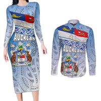 New Zealand Auckland Couples Matching Long Sleeve Bodycon Dress and Long Sleeve Button Shirt Auckland's Flag and Coat of Arms - Koru Art Maori Pattern LT03 Light Blue - Polynesian Pride