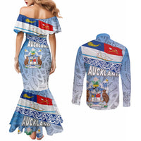 New Zealand Auckland Couples Matching Mermaid Dress and Long Sleeve Button Shirt Auckland's Flag and Coat of Arms - Koru Art Maori Pattern LT03 - Polynesian Pride