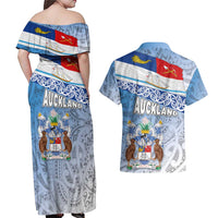 New Zealand Auckland Couples Matching Off Shoulder Maxi Dress and Hawaiian Shirt Auckland's Flag and Coat of Arms - Koru Art Maori Pattern LT03 - Polynesian Pride
