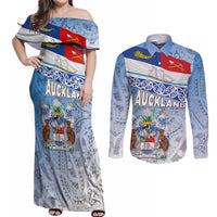 New Zealand Auckland Couples Matching Off Shoulder Maxi Dress and Long Sleeve Button Shirt Auckland's Flag and Coat of Arms - Koru Art Maori Pattern LT03 Light Blue - Polynesian Pride
