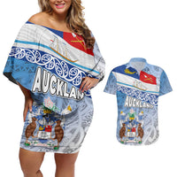 New Zealand Auckland Couples Matching Off Shoulder Short Dress and Hawaiian Shirt Auckland's Flag and Coat of Arms - Koru Art Maori Pattern LT03 Light Blue - Polynesian Pride