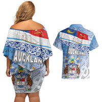 New Zealand Auckland Couples Matching Off Shoulder Short Dress and Hawaiian Shirt Auckland's Flag and Coat of Arms - Koru Art Maori Pattern LT03 - Polynesian Pride