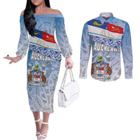 New Zealand Auckland Couples Matching Off The Shoulder Long Sleeve Dress and Long Sleeve Button Shirt Auckland's Flag and Coat of Arms - Koru Art Maori Pattern LT03 Light Blue - Polynesian Pride