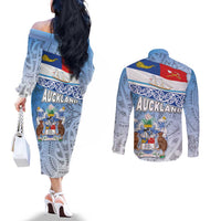 New Zealand Auckland Couples Matching Off The Shoulder Long Sleeve Dress and Long Sleeve Button Shirt Auckland's Flag and Coat of Arms - Koru Art Maori Pattern LT03 - Polynesian Pride