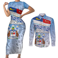 New Zealand Auckland Couples Matching Short Sleeve Bodycon Dress and Long Sleeve Button Shirt Auckland's Flag and Coat of Arms - Koru Art Maori Pattern LT03 Light Blue - Polynesian Pride