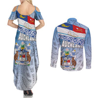 New Zealand Auckland Couples Matching Summer Maxi Dress and Long Sleeve Button Shirt Auckland's Flag and Coat of Arms - Koru Art Maori Pattern LT03 - Polynesian Pride