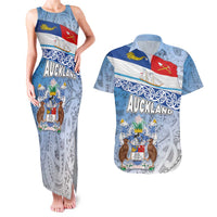 New Zealand Auckland Couples Matching Tank Maxi Dress and Hawaiian Shirt Auckland's Flag and Coat of Arms - Koru Art Maori Pattern LT03 Light Blue - Polynesian Pride