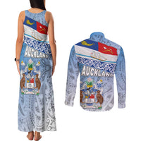New Zealand Auckland Couples Matching Tank Maxi Dress and Long Sleeve Button Shirt Auckland's Flag and Coat of Arms - Koru Art Maori Pattern LT03 - Polynesian Pride