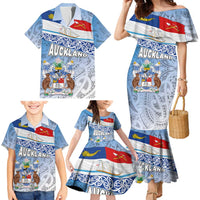 New Zealand Auckland Family Matching Mermaid Dress and Hawaiian Shirt Auckland's Flag and Coat of Arms - Koru Art Maori Pattern LT03 - Polynesian Pride