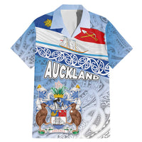 New Zealand Auckland Family Matching Mermaid Dress and Hawaiian Shirt Auckland's Flag and Coat of Arms - Koru Art Maori Pattern LT03 Dad's Shirt - Short Sleeve Light Blue - Polynesian Pride