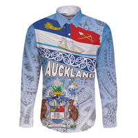 New Zealand Auckland Family Matching Off The Shoulder Long Sleeve Dress and Hawaiian Shirt Auckland's Flag and Coat of Arms - Koru Art Maori Pattern LT03 Dad's Shirt - Long Sleeve Light Blue - Polynesian Pride