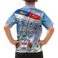 New Zealand Auckland Family Matching Short Sleeve Bodycon Dress and Hawaiian Shirt Auckland's Flag and Coat of Arms - Koru Art Maori Pattern LT03 - Polynesian Pride