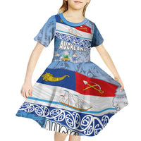New Zealand Auckland Kid Short Sleeve Dress Auckland's Flag and Coat of Arms - Koru Art Maori Pattern LT03 - Polynesian Pride