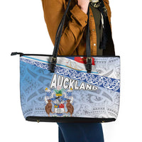 New Zealand Auckland Leather Tote Bag Auckland's Flag and Coat of Arms - Koru Art Maori Pattern LT03 - Polynesian Pride