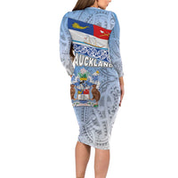 New Zealand Auckland Long Sleeve Bodycon Dress Auckland's Flag and Coat of Arms - Koru Art Maori Pattern LT03 - Polynesian Pride