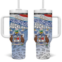 New Zealand Auckland Tumbler With Handle Auckland's Flag and Coat of Arms - Koru Art Maori Pattern LT03 One Size: 40 oz Light Blue - Polynesian Pride