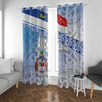 New Zealand Auckland Window Curtain Auckland's Flag and Coat of Arms - Koru Art Maori Pattern LT03 With Grommets Light Blue - Polynesian Pride