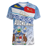 New Zealand Auckland Women V-Neck T-Shirt Auckland's Flag and Coat of Arms - Koru Art Maori Pattern LT03 Female Light Blue - Polynesian Pride