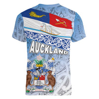 New Zealand Auckland Women V-Neck T-Shirt Auckland's Flag and Coat of Arms - Koru Art Maori Pattern LT03 - Polynesian Pride