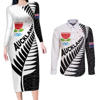 New Zealand Auckland Couples Matching Long Sleeve Bodycon Dress and Long Sleeve Button Shirt Auckland's Emblem and Silver Ferns - Maori Art Tattoo LT03 Light Blue - Polynesian Pride