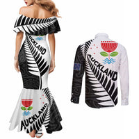 New Zealand Auckland Couples Matching Mermaid Dress and Long Sleeve Button Shirt Auckland's Emblem and Silver Ferns - Maori Art Tattoo LT03 - Polynesian Pride