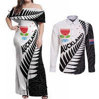 New Zealand Auckland Couples Matching Off Shoulder Maxi Dress and Long Sleeve Button Shirt Auckland's Emblem and Silver Ferns - Maori Art Tattoo LT03 Light Blue - Polynesian Pride