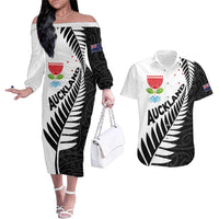 New Zealand Auckland Couples Matching Off The Shoulder Long Sleeve Dress and Hawaiian Shirt Auckland's Emblem and Silver Ferns - Maori Art Tattoo LT03 Light Blue - Polynesian Pride