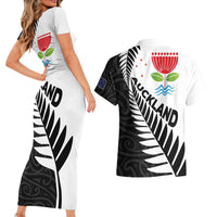 New Zealand Auckland Couples Matching Short Sleeve Bodycon Dress and Hawaiian Shirt Auckland's Emblem and Silver Ferns - Maori Art Tattoo LT03 - Polynesian Pride