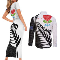 New Zealand Auckland Couples Matching Short Sleeve Bodycon Dress and Long Sleeve Button Shirt Auckland's Emblem and Silver Ferns - Maori Art Tattoo LT03 - Polynesian Pride