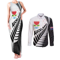 New Zealand Auckland Couples Matching Tank Maxi Dress and Long Sleeve Button Shirt Auckland's Emblem and Silver Ferns - Maori Art Tattoo LT03 Light Blue - Polynesian Pride