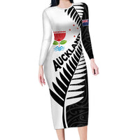 New Zealand Auckland Family Matching Long Sleeve Bodycon Dress and Hawaiian Shirt Auckland's Emblem and Silver Ferns - Maori Art Tattoo LT03 Mom's Dress Light Blue - Polynesian Pride