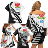 New Zealand Auckland Family Matching Off Shoulder Short Dress and Hawaiian Shirt Auckland's Emblem and Silver Ferns - Maori Art Tattoo LT03 - Polynesian Pride