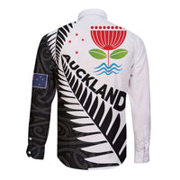 New Zealand Auckland Long Sleeve Button Shirt Auckland's Emblem and Silver Ferns - Maori Art Tattoo LT03 - Polynesian Pride