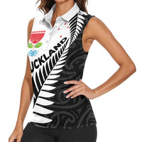 New Zealand Auckland Women Sleeveless Polo Shirt Auckland's Emblem and Silver Ferns - Maori Art Tattoo LT03 - Polynesian Pride