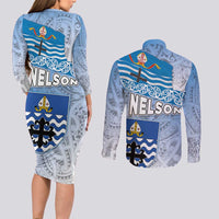 New Zealand Nelson Couples Matching Long Sleeve Bodycon Dress and Long Sleeve Button Shirt Nelson's Flag and Seal - Maori Art Tattoo LT03 - Polynesian Pride