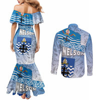 New Zealand Nelson Couples Matching Mermaid Dress and Long Sleeve Button Shirt Nelson's Flag and Seal - Maori Art Tattoo LT03 - Polynesian Pride