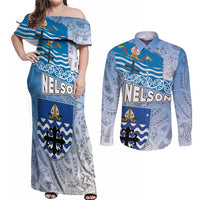 New Zealand Nelson Couples Matching Off Shoulder Maxi Dress and Long Sleeve Button Shirt Nelson's Flag and Seal - Maori Art Tattoo LT03 White - Polynesian Pride