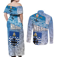 New Zealand Nelson Couples Matching Off Shoulder Maxi Dress and Long Sleeve Button Shirt Nelson's Flag and Seal - Maori Art Tattoo LT03 - Polynesian Pride